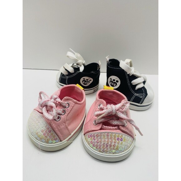 2 Pair Build A Bear High Top Black & White Sneakers Shoes & Pink Sequin Sneakers - Picture 5 of 10